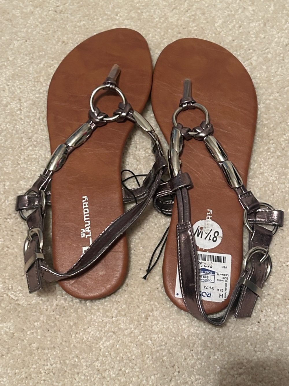 CL by Laundry Brown Footbed Metallic T-Strap Sandals with Chain Detail